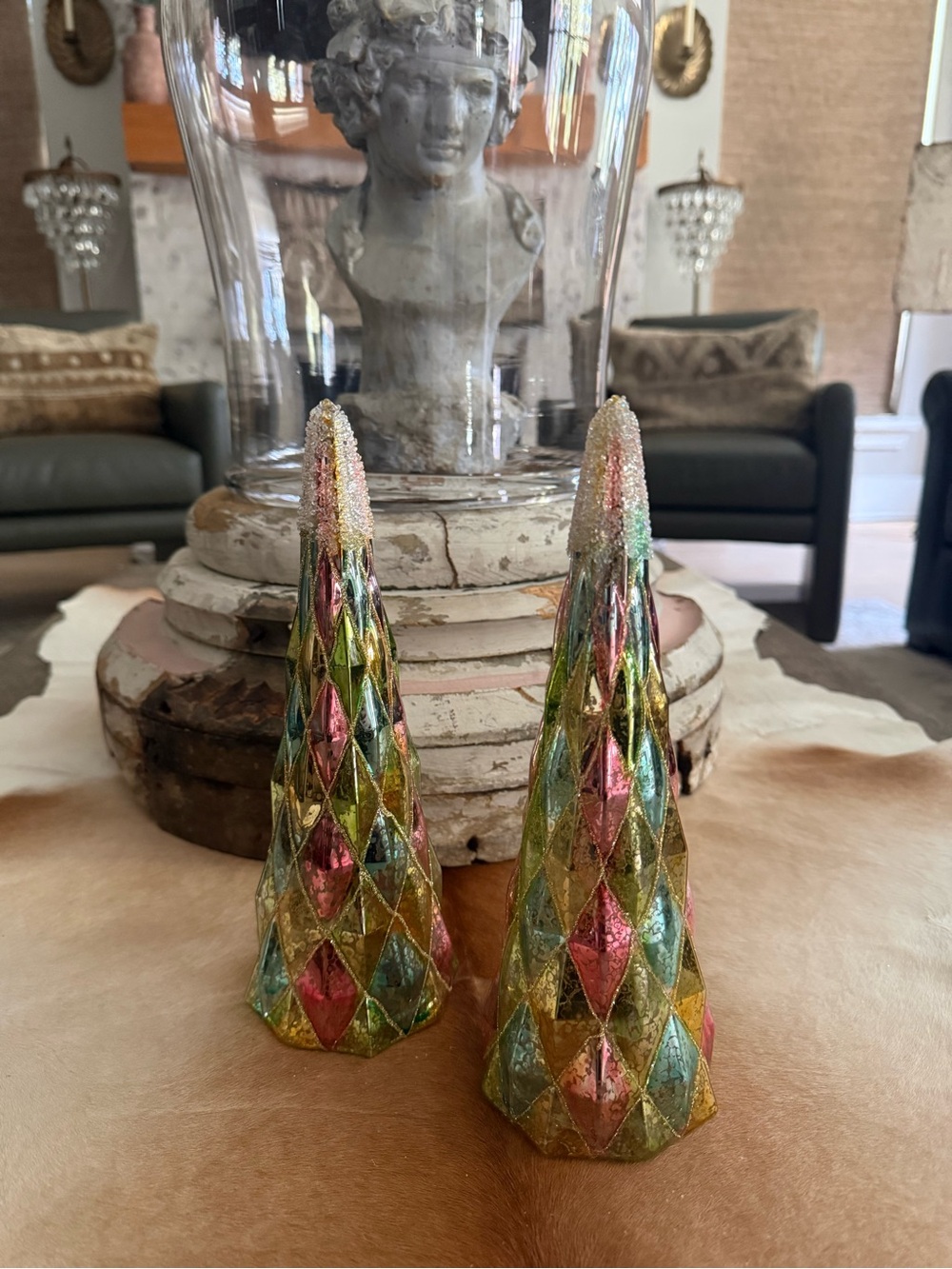 Festive Multicolor Glitter Cone Table Decorations - Set of 2 Holiday Trees